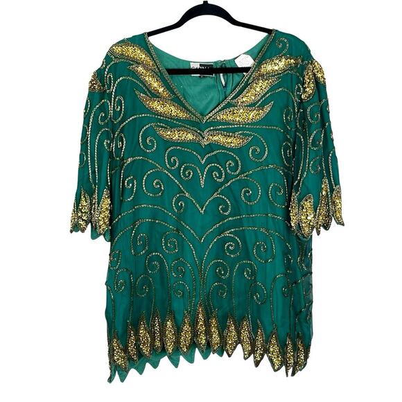 Carina Vintage Silk Top Tunic Women’s XL Beading Sequins Pearls Scalloped Trim - Picture 1 of 9